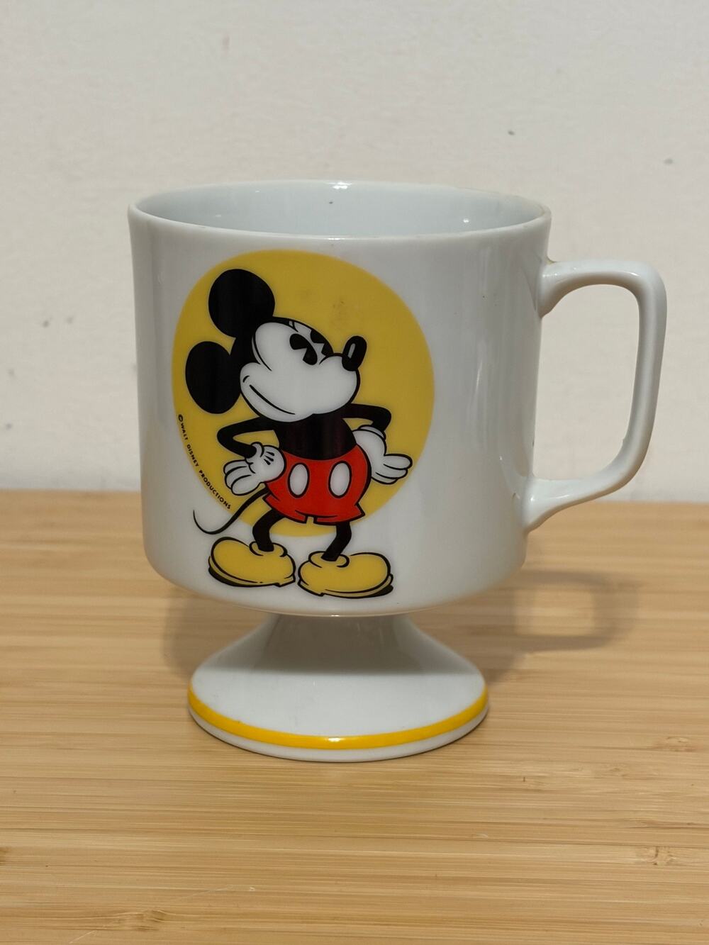 Vintage Disney Mickey Mouse Pedestal Mug Cup White Yellow Japan